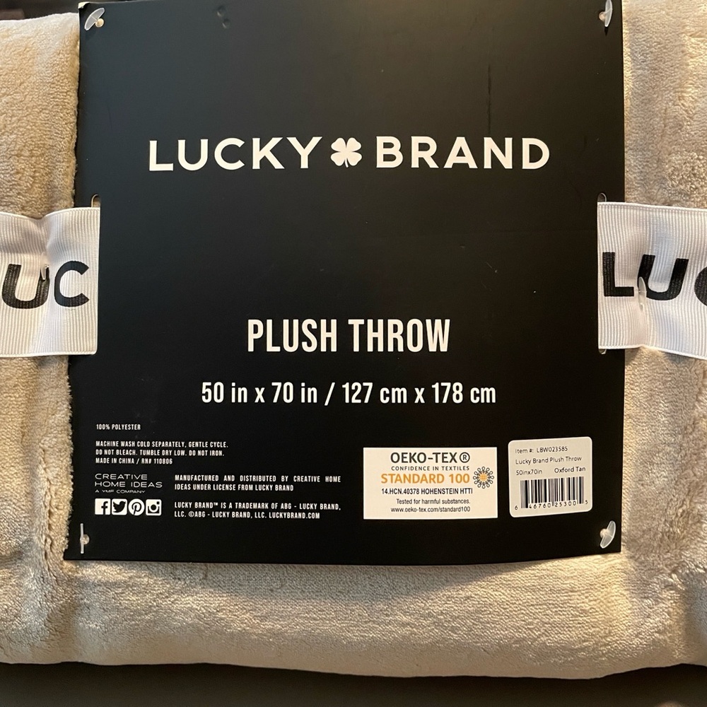 LUCKY BRAND Plush Throw, 50”x70”, Oxford Tan
